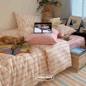 [순이네잡화점] 리본 스트라이프 이불 세트 귀여운 리본 3 색 리본 이불 인테리어 이불 방꾸미기 이불커버 3종 세트 자취방꾸미기 내방꾸미기 이불커버