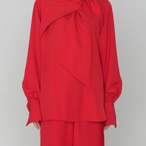 하이크(HYKE) 레드 푸시 보우 블라우스 15199