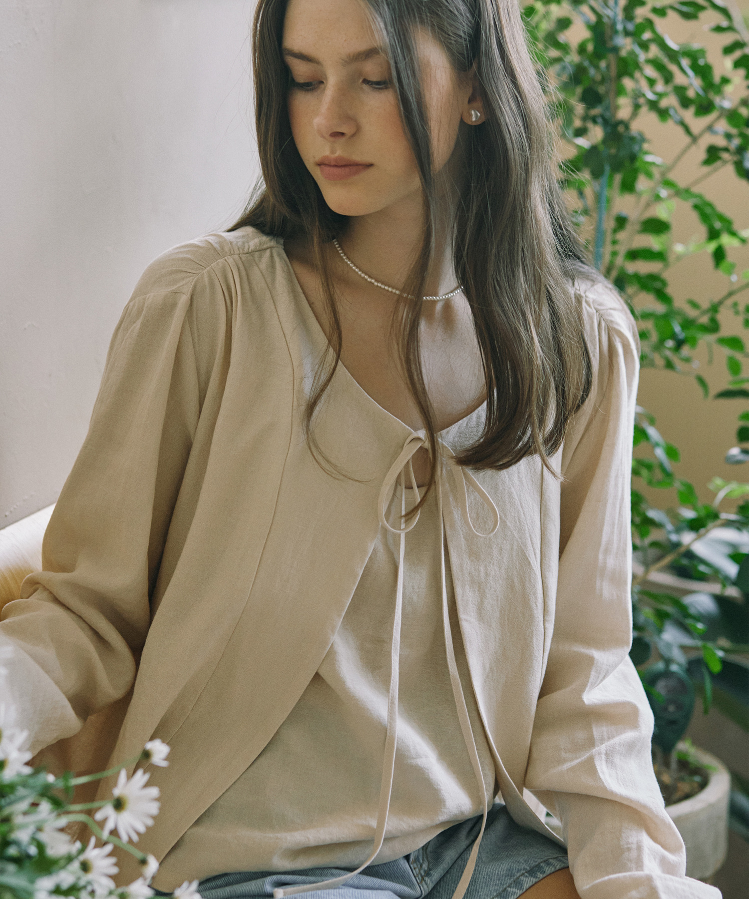 논로컬 Linen Shirring Cardigan