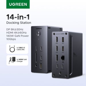 UGREEN 14-in-1 USB 허브 도킹 스테이션 타입-C에서 4K120Hz DP 4K60Hz 2xHDMI SD/TF RJ45 10Gbps USB-A/C PD 충전 DC 노트북