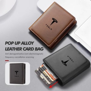 자동차 가죽 팝업 지갑 테슬라 모델 3 Y S X 2021 Roadster Cybertruck Juguete 용 RFID 차단 금속 더블 카드 케이스
