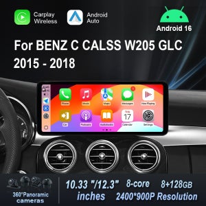 메르세데스 벤츠 C 클래스 W205 GLC 2015-2018용 안드로이드 16 터치스크린 무선 카플레이 GPS 카 라디오 비디오 멀티미디어 플레이어