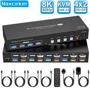 Navceker 듀얼 디스플레이 포트 USB 3.0 스위처, 8K HDMI DP KVM 스위치, 모니터 2 개, 컴퓨터 4 개, 4K 144Hz, 4 PC 공유 키보드 마우스용