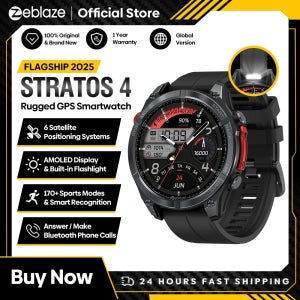 새로운 Zeblaze Stratos 4 GPS 스마트 시계 1.43인치 AMOLED 디스플레이 내장 손전등 나침반 기압 고도계 5 ATM Smartwatch