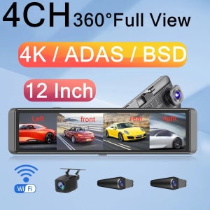 스트림 미디어 터치 스크린 백미러 자동차 DVR 4K + 1080*3 대시 캠, 와이파이 ADAS BSD 자동차 녹음기, 4 채널 360 ° 풀 뷰, 12 인치