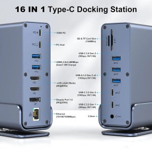 썬더볼트4 USB C 노트북 도킹 스테이션, 2xHDMI 호환, DP, 기가비트 이더넷, 100W PD, SD/TF, 3.5mm, USB 포트 16-in-1