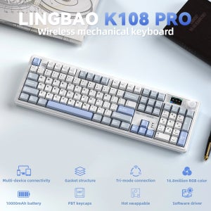LINGBAO K108 Pro 블루투스 무선 기계식  키보드 한글 풀배열 104키 LCD 스크린 저소음 솜사탕축 게이밍 키보드 10000mAh