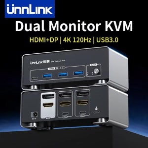 Unnlink 4K 120Hz HDMI + DP 듀얼 모니터 KVM 스위치 2 모니터 2 컴퓨터 8K 60Hz USB 3.0 윈도우/맥 PC용 마우스 키보드 공유