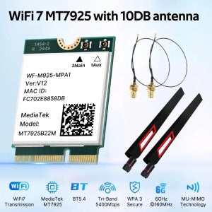 Fenvi WiFi 7 MT7925 네트워크 카드 블루투스 5.4 M.2 NGFF 무선 어댑터 5400Mbps 트라이 밴드 2.4G/5G/6GHz WiFi7 10dBi 안테나 포함