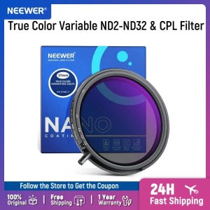 NEEWER 67mm 트루 컬러 가변 ND&CPL 필터 ND2-ND32 및 ND3-64, 2 in 1 조정 가능한 제한 중립 밀도 및 CPL 필터