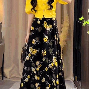 [8000원 추가할인]옐로우 퍼프 자켓 플라워 롱스커트 2세트