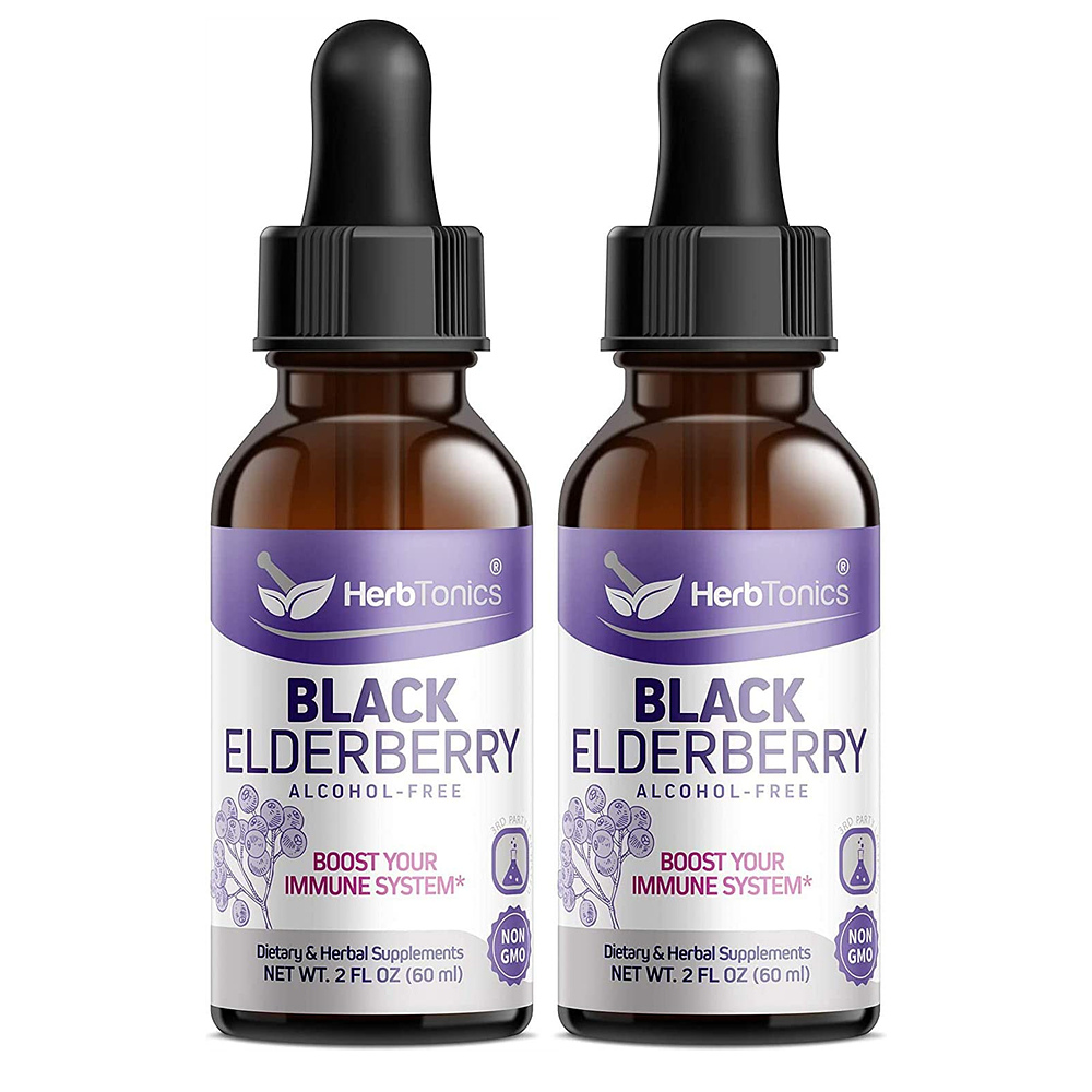 Herbtonics Black Elderberry Liquid Extract Drops 허브토닉스 블랙 <b>엘더베리</b> <b>드랍스</b> 알코올 프리 이뮨 시스템 부스터 Non GMO 60ml 2팩