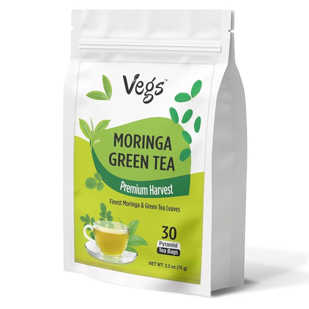 VEGS <b>모링가</b> 녹차 <b>슈퍼</b> 그린 항산화 리치 에너지 블렌드 2.5g x 30피라미드 티백 - 100% 트루 그린 <b>유기농 모링가</b> 올레이페라 잎 및 프리미엄 수확 녹차 잎 - 설  V