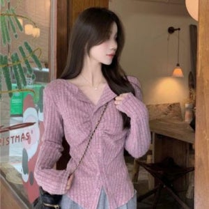 여성 스트라이프 골지 브이넥 셔링 볼륨 슬림핏 긴팔티 가디건 핑크 크림색 FREE