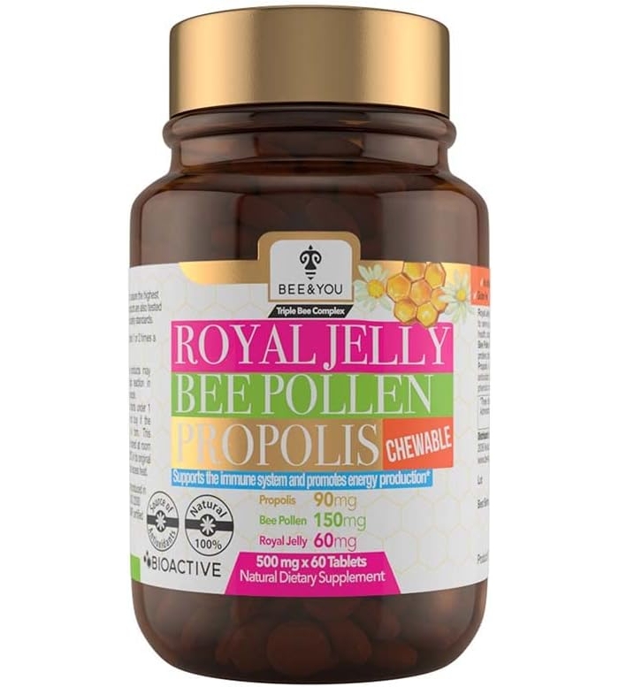 미국직배송 비앤유(Bee&amp;You) 로얄젤리 프로<b>폴리</b>스 비폴렌 100% 천연 슈퍼푸드 면역력 및 에너지 강화 항산화 영양제 60정  씹어먹는 로열젤리  1개