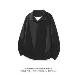솔리드 와플 카라티 니트 맨투맨 빅사이즈 루즈핏 캐주얼 폴로셔츠  블랙  2XL