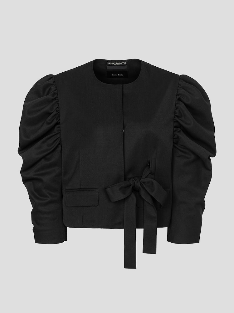 [시몬로샤] (Women) Cropped Draped Sleeve Bow Collarless Jacket - Black 검정색 CW6311SR15