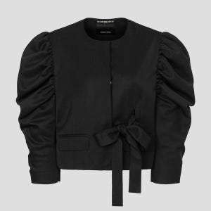 [시몬로샤] (Women) Cropped Draped Sleeve Bow Collarless Jacket - Black 검정색 CW6311SR15