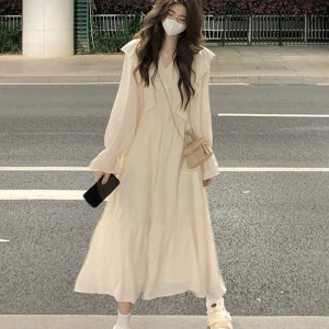 내일도착 롱원피스 [당일배송] 공항패션 공항룩 브이넥 프릴 쉬폰 롱 원피스