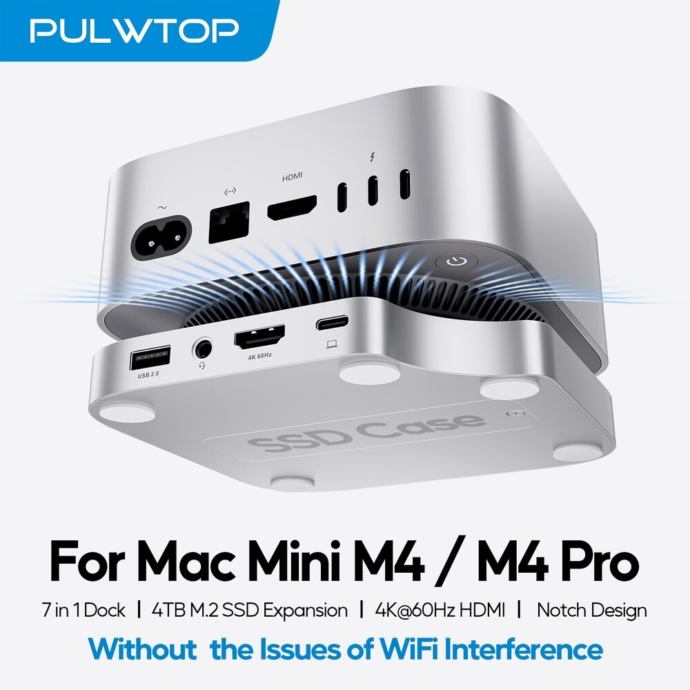4TB SSD 인클로저가 포함된 PULWTOP Mac Mini M4 Dock USB C 허브 지원 HDMI 4K 60Hz USB A 2.0 SD/TF Mac