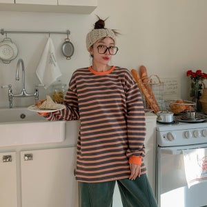 몽실 단가라 배색 기모 긴팔 롱티셔츠