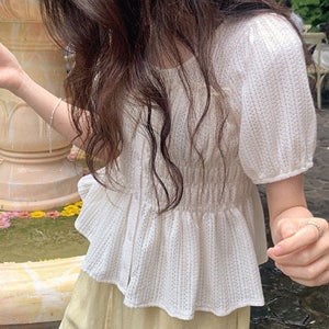 내일도착 블라우스 [CRKO]멜로즈 셔링 블라우스/반팔 블라우스 니트 여름 하객룩 출근룩 쿨링 휴양지룩