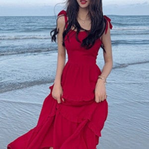 내일도착 롱원피스 [당일배송] 바캉스 발리 레드 캉캉 민소매 원피스