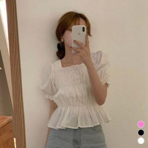 이쁘다요 블라우스 퍼프 여름 크롭 셔링 스퀘어 WFLPYNX