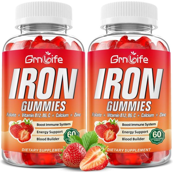 여성 남성 용 철분 구미 무설탕 아이언 칼슘 아연 엽산 비타민B12 C B6 함유 피 생성 <b>에너지</b> 지원 딸기 맛 <b>Grn</b>라이프  60개 (2팩)