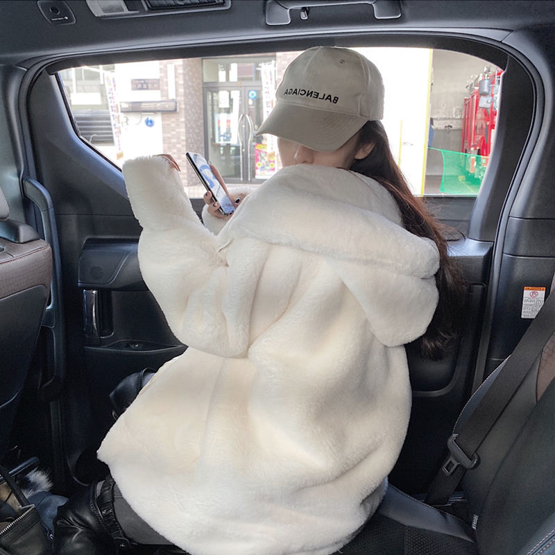 여성 겨울용 두꺼운 플리스 후드 지퍼 중장 자켓 캐주얼 무지 심플 데일리 아웃도어 방한 아우터 빅사이즈 베이지색 XL