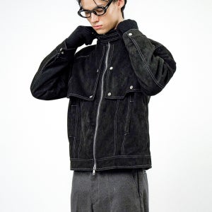 Biker Burton Neck Suede Jacket - Black /M24OT01BK