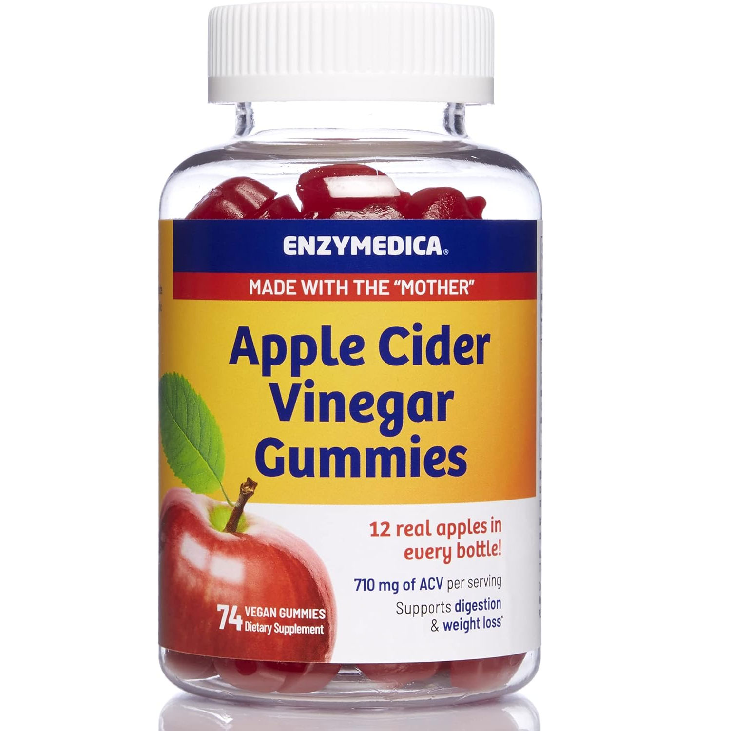 Enzymedica Apple Cider Vinegar Gummies <b>엔자이메디카</b> 애플 사이다 비니거 구미 및 초모 74비건구미 <b>비타민B12</b> 함유  1개  74정
