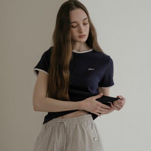 [프리버07] Lace trim logo t-shirt_Navy