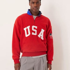 폴로랄프로렌 팀 USA 로고 포켓 짚업 폴라플리스 맨투맨 레드 Team Unisex Pullover aus Polarfleece in Rot mit kurzem Rei versch