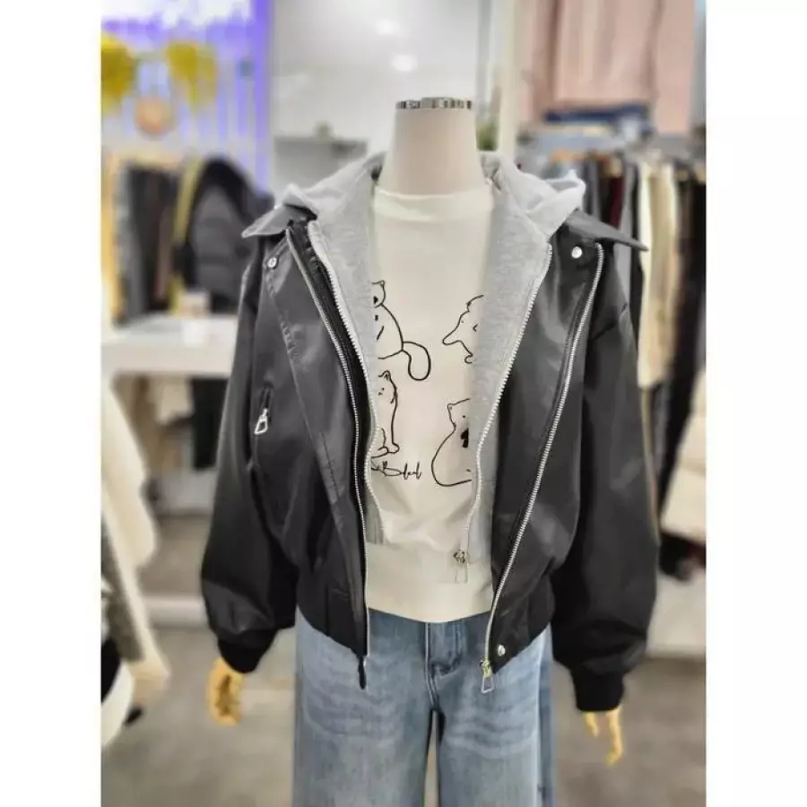 밸리걸 후드 이중 집업 레더 블루종 자켓 617520