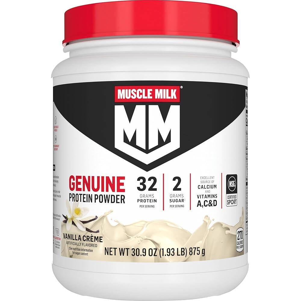 Muscle Milk 정품 단백질 파우더 바닐라 크림 0.9kg(2파운드) 12회분 32g 설탕 2g 칼슘 <b>비타민</b> A C &amp; D NSF 인증 스포츠 에너자이징  875g  1개