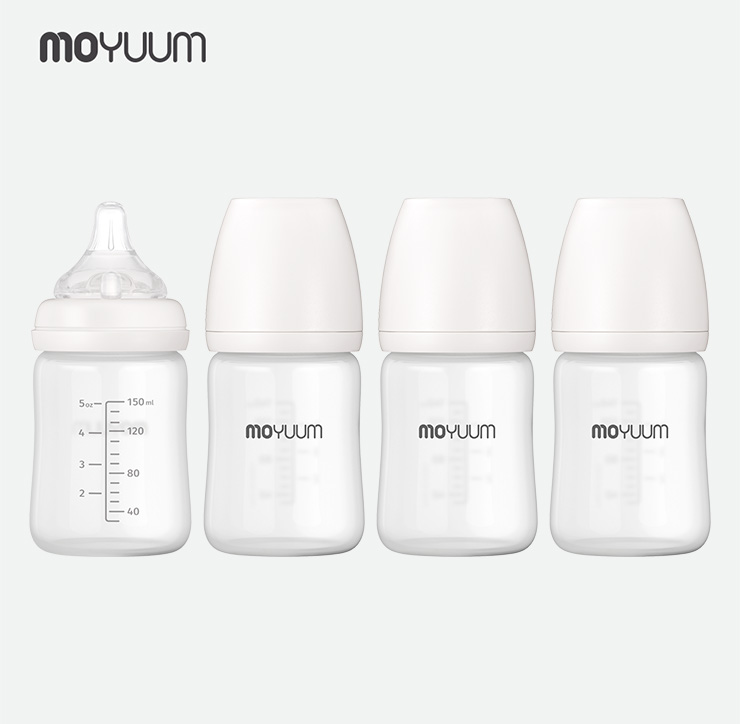 모윰 실리콘 코팅 유리 젖병 150ml 쿼드라팩 (1단계 젖꼭지 4개 포함)
