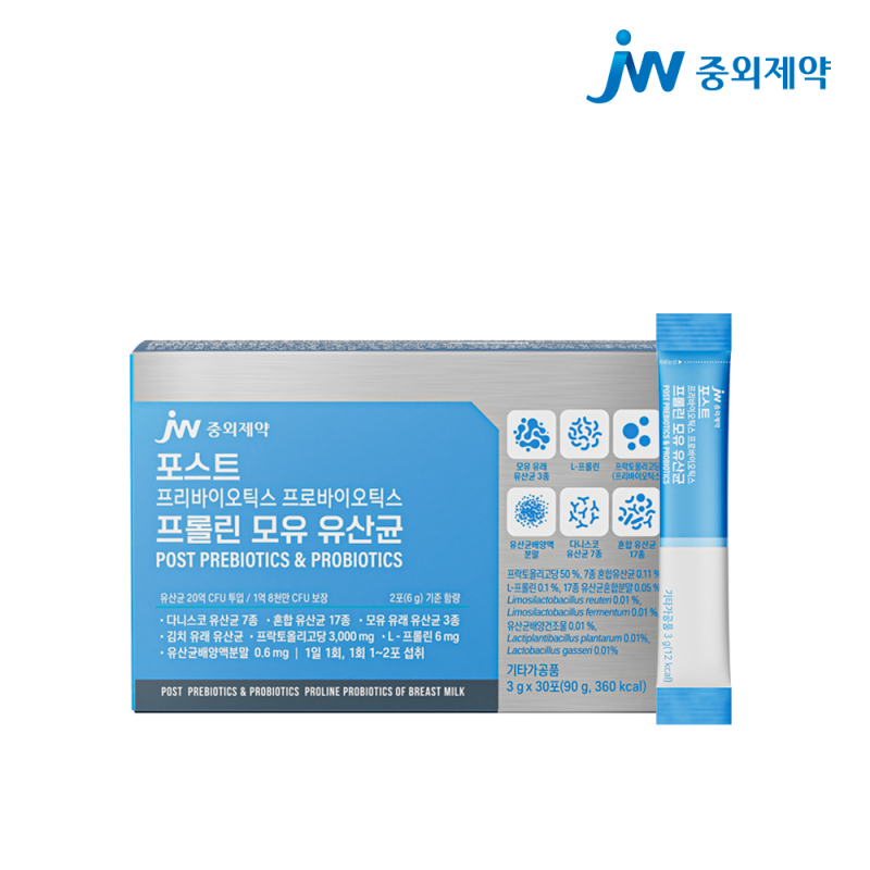 JW중외제약 <b>포스트</b> 프리<b>바이오틱스</b> 프로<b>바이오틱스</b> 프롤린 모유 유산균 3g x 30포, 6개