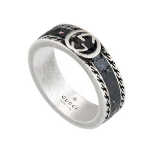 구찌 (케이스+쇼핑백포함)(공식매장AS가능)선물포장  G 와이드 링 에나멜 블랙 실버 반지 645573