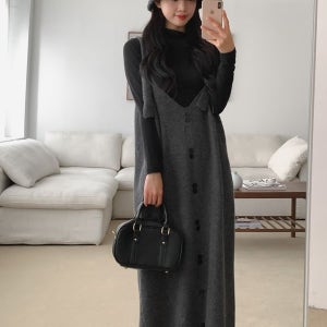 내일도착 롱원피스 [2Color]니트 V브이넥 기모 레이어드 뷔스티에 나시 롱원피스[가을/겨울/데일리/레이어드/니트원피스]