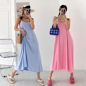 여성 여름 테리 배색 A라인 끈나시 롱 원피스 OP0369S 빅사이즈 루즈핏