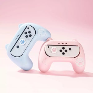 GeekShare 고양이 귀 그립 강화제 Nintendo Switch/Switch OLED Joy-Con 컨트롤러, 2PCS 엄지 그립, 핑크 & 블루