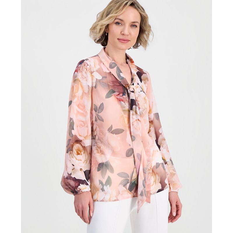 Tahari ASL 프린트 쉬폰 타이넥 블라우스 여성 프린팅 Women s Printed Chiffon Tie Neck Blouse 24969000 Mocha R 151535546