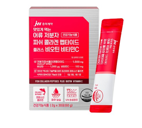 <b>JW중외제약</b> 어류 저분자 피쉬 콜라겐 펩타이드 플러스 비오틴 비타민C 2g x 30포, 6개
