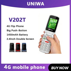 유니와 V202T 4G 피처폰, 패션 듀얼 스크린 대형 버튼 플립 휴대폰 (노인용), 1450mAh SOS 기능 탑재