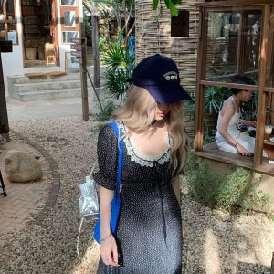 내일도착 롱원피스 [휴양지/러블리] 미니 도트 레이스 아일렛 퍼프 원피스