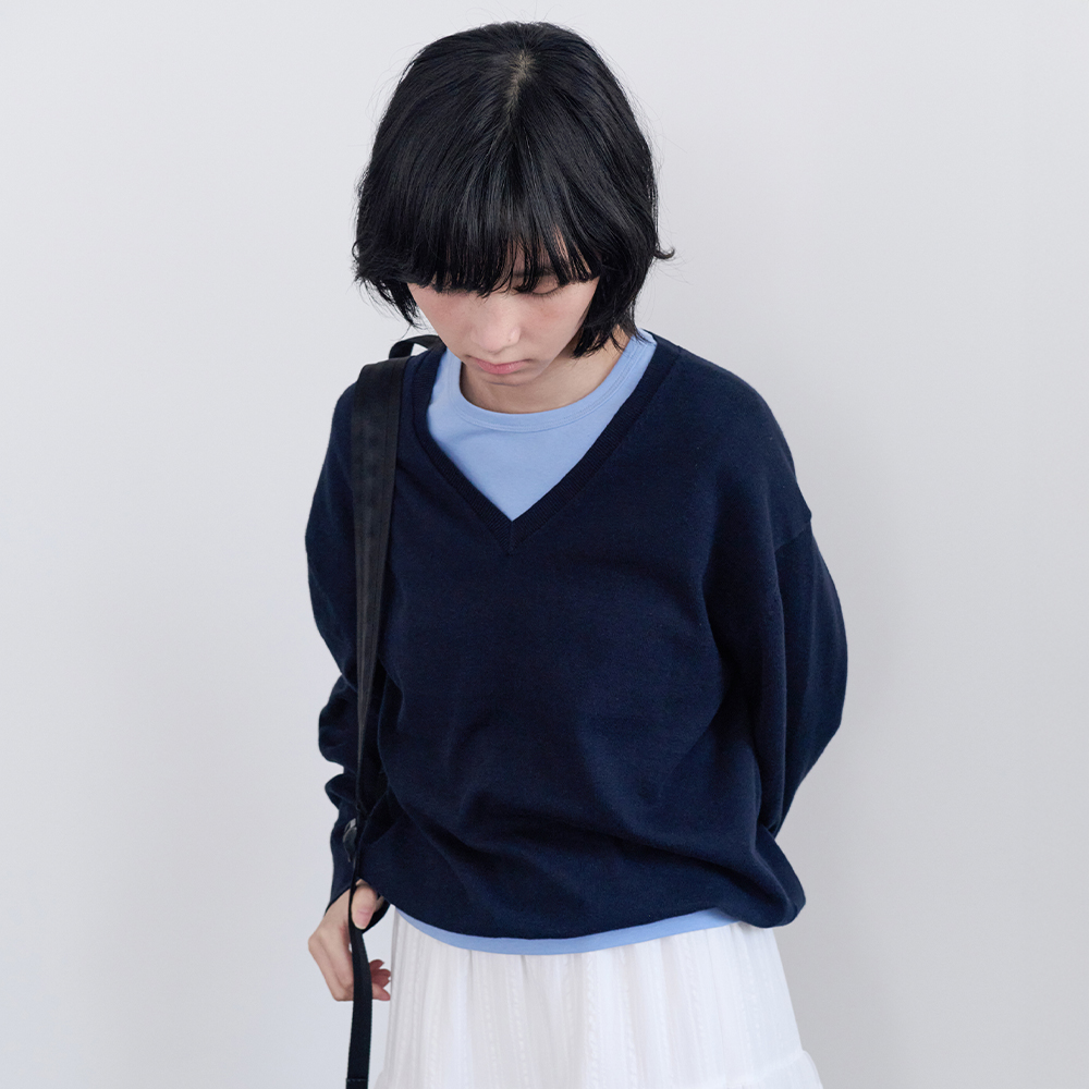 [르바] [3차] All-Day Cotton V-neck Knit - Darknight Navy