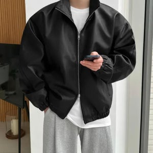 [당일발송]프리미엄 벌룬핏 투웨이 밴딩 비건 레더 자켓 봄 가을 오버핏 가죽 블루종