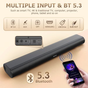 60W 강력한 사운드바 시스템 3D 스테레오 사운드 BT AUX OPT HDMI USB 드라이브 입력 모드 (TV, PC, 프로젝터, 스마트폰, 태블릿용)