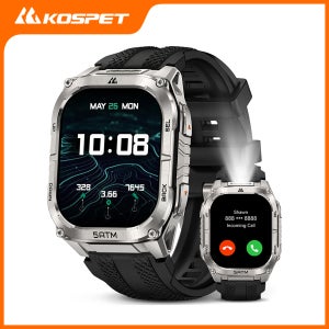 KOSPET TANK M4C 손전등이 장착된 남성용 견고한 스마트워치 군용 등급 금속 본체 GPS 50M 방수 야외 건강 추적기